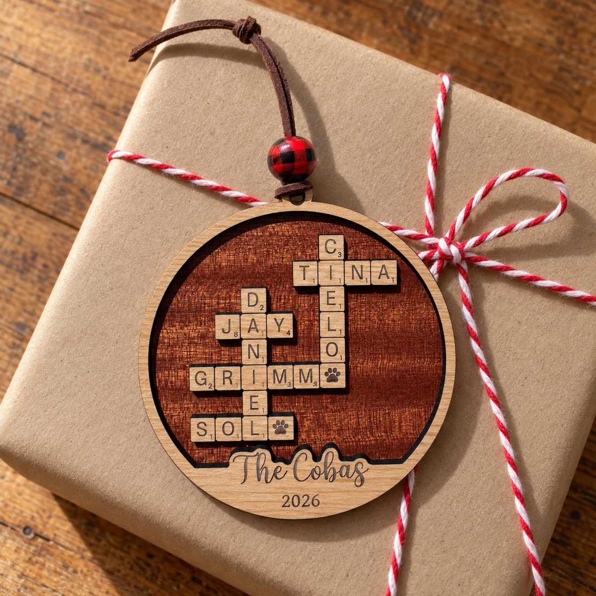 Personalized Family Crossword Sign — Ornament or 11.5" Tabletop with Stand.