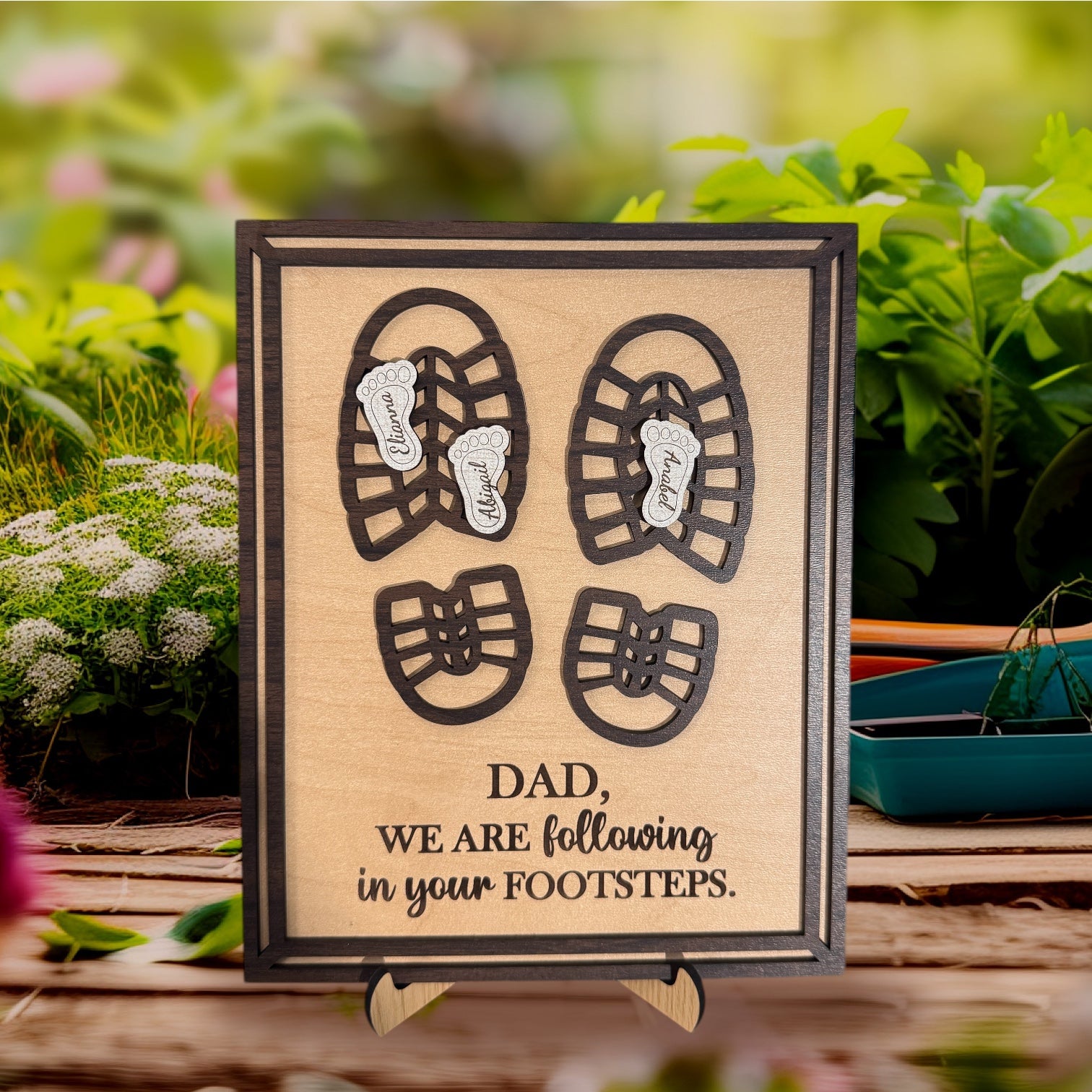 Personalized Dad Footsteps Sign | Following In Your Footsteps Gift / Personalized wooden Dad footprint sign featuring children's names. A meaningful Father's Day, birthday, or Christmas gift for Dad, Grandpa, or Stepdad.
