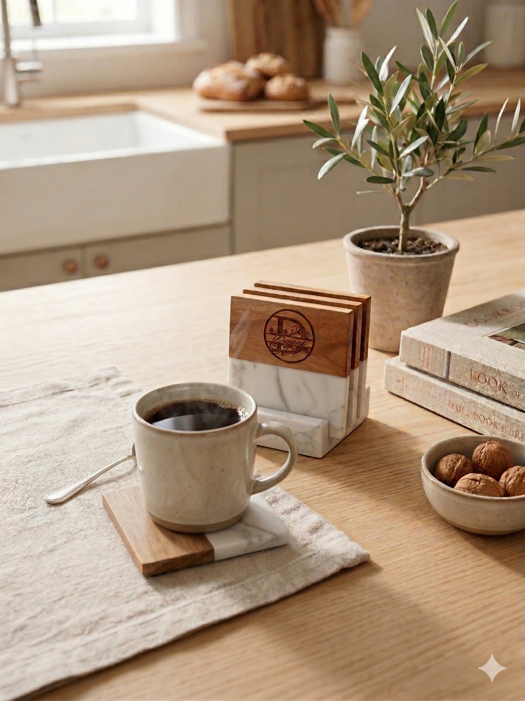 Marble & Acacia Wood Coaster Set with Holder (Set of 4)