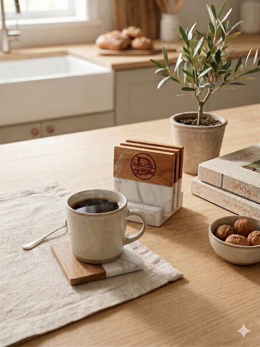Marble & Acacia Wood Coaster Set with Holder (Set of 4)