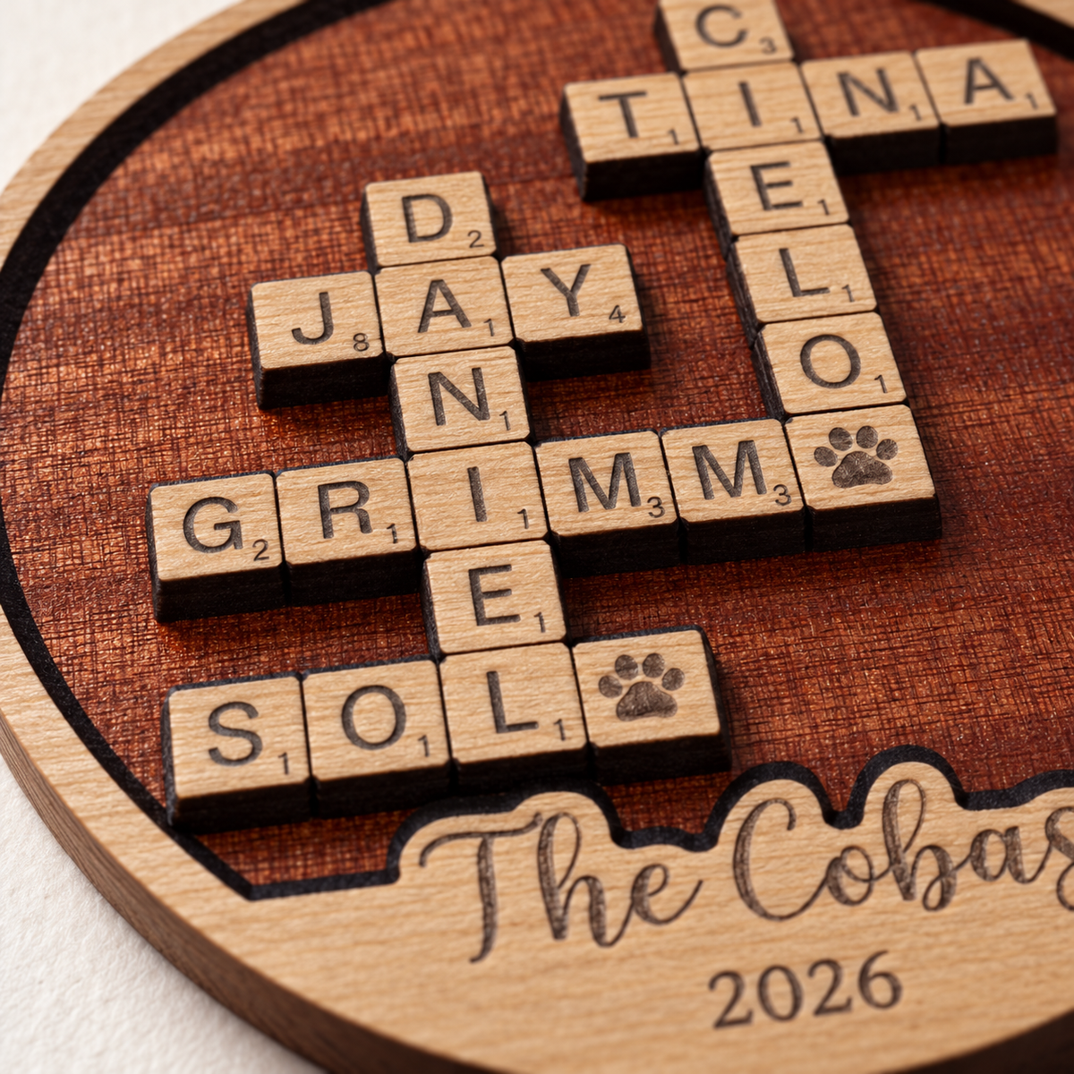 Personalized Family Crossword Sign — Ornament or 11.5" Tabletop with Stand.