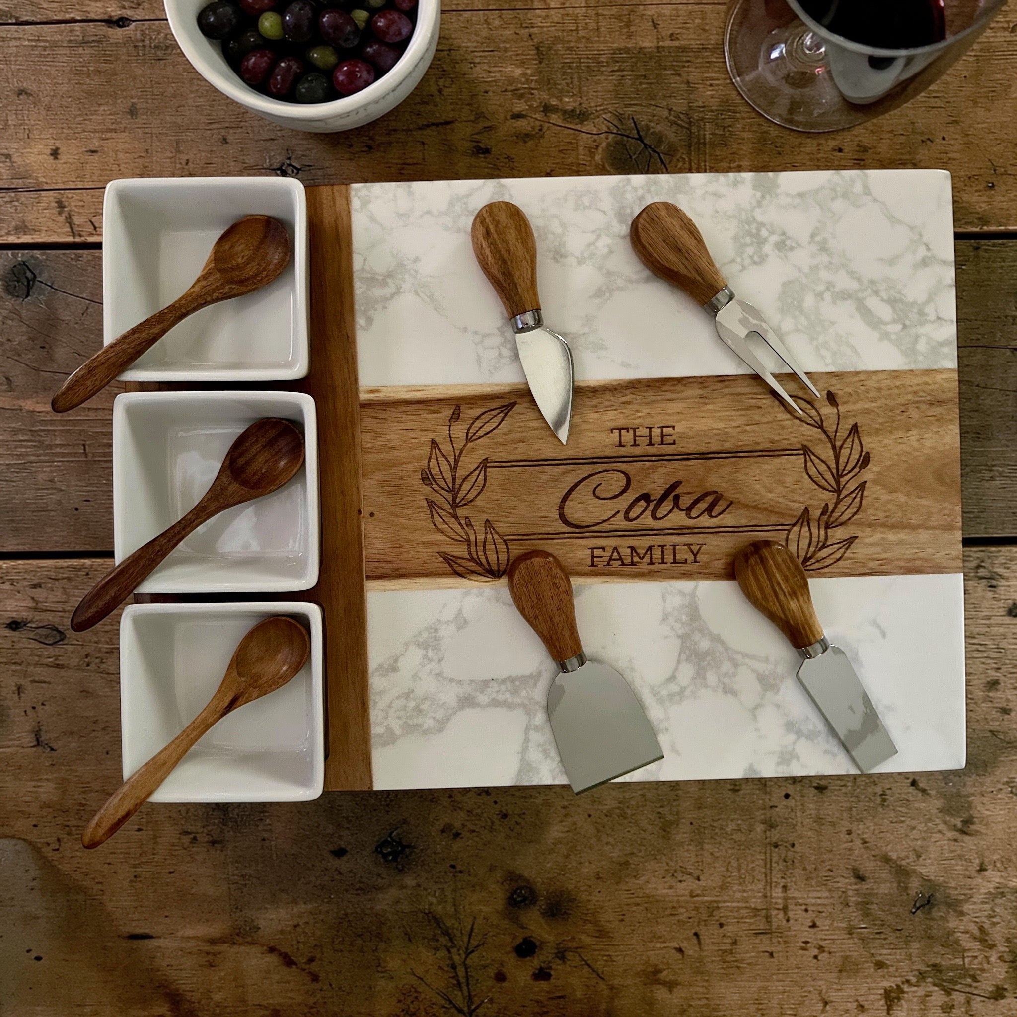 Marble & Acacia Charcuterie Board – 11 Piece Gift Set
